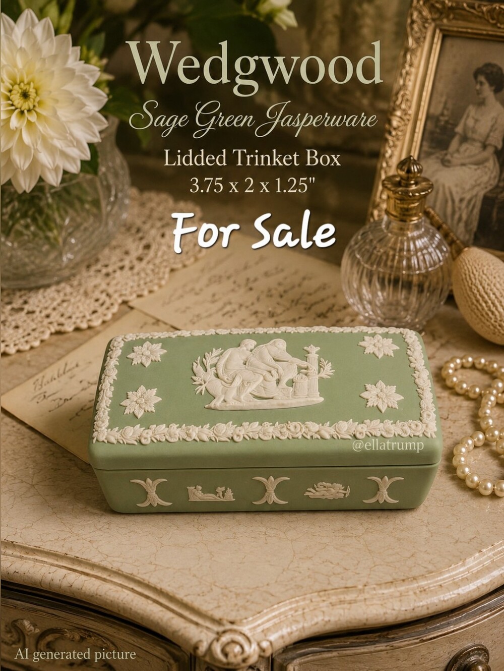 Wedgwood Jasperware Lidded Trinket Box in a Sage Green 3.75x2x1.25"